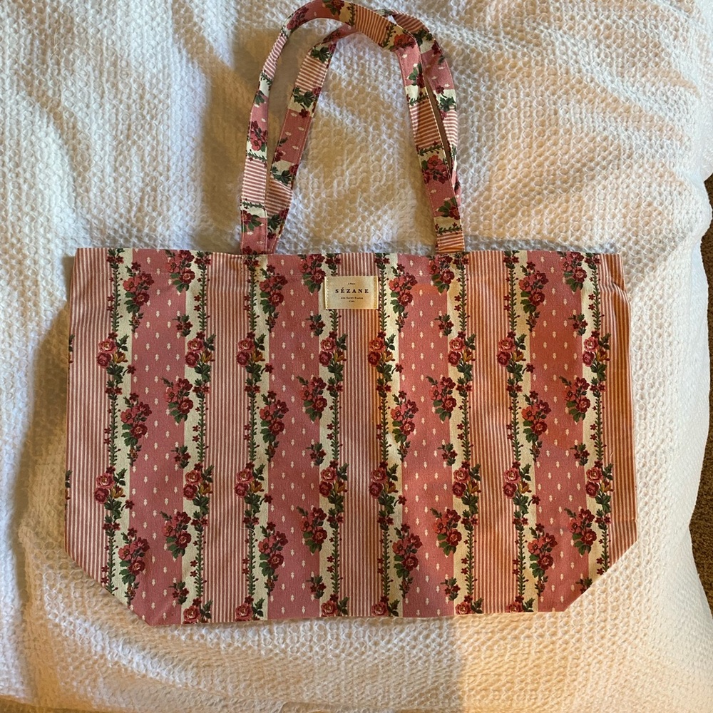 New Sezane English Rose Floral Cotton Tote Bag Pink White